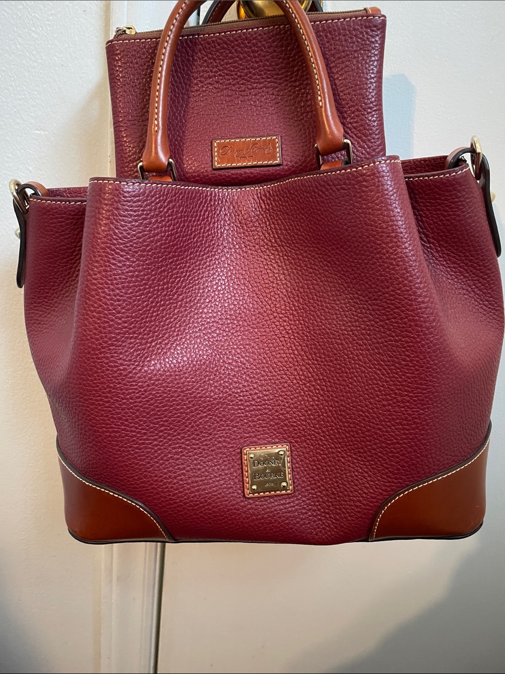 Dooney & Bourke Burgundy Pebble Leather Tote with brown trim with wallet
